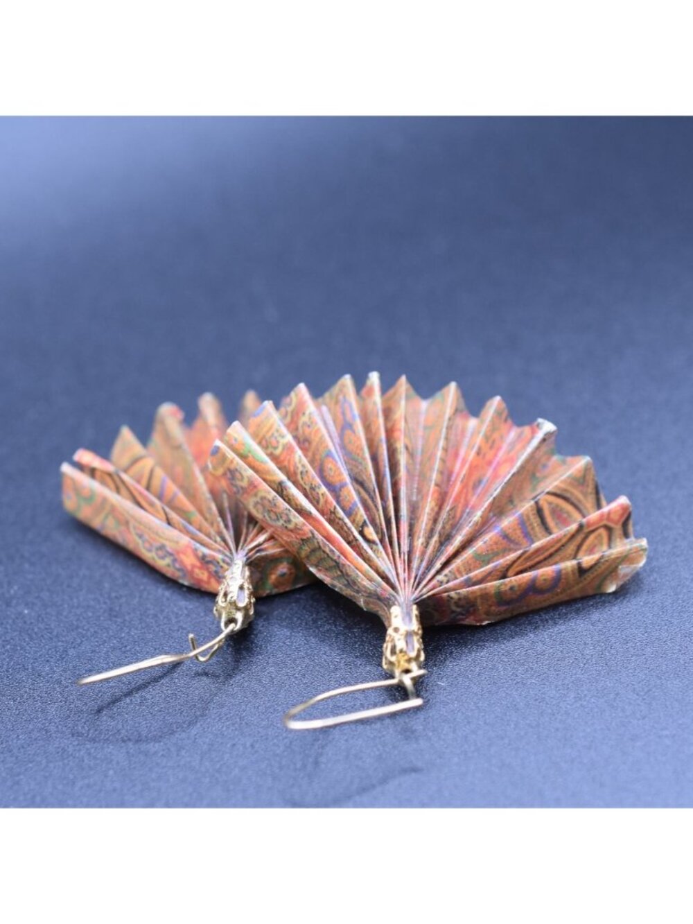 Vintage Fan-Shaped Handmade Earrings With Gold Hooks & Multicolor Paisley Design